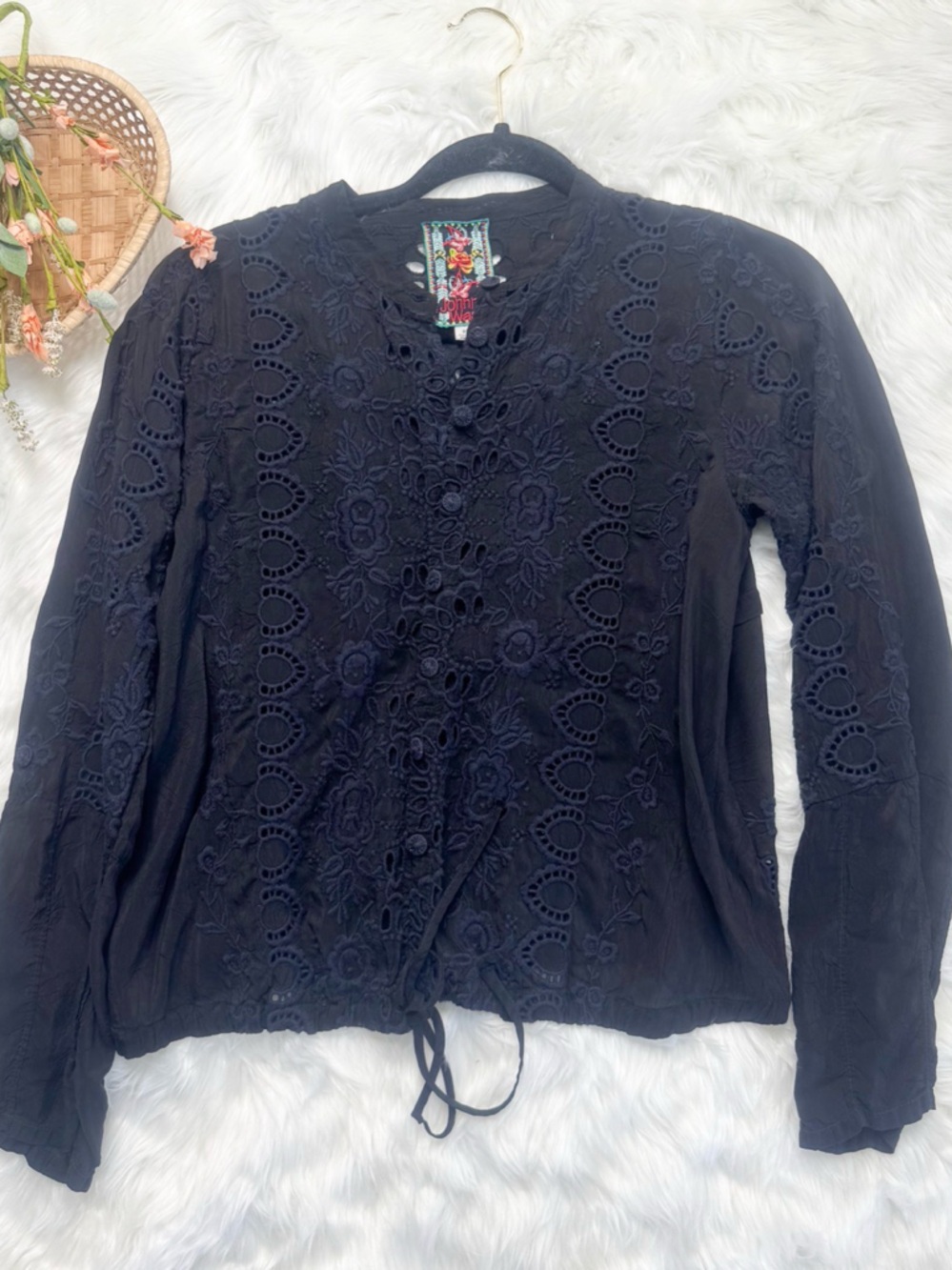 JOHNNY WAS Embroidered Lace Eyelet Top - Black XS
